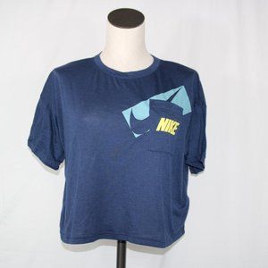 NIKE Navy Blue & Yellow Cropped Tee Shirt, Oversized Fit, Short Sleeve shirt